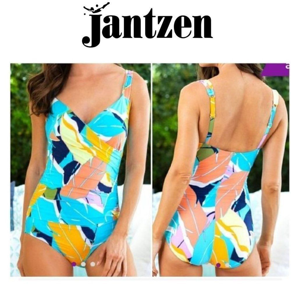 Jantzen Bold feather Navy & Turquoise Feather Surplice Swimsuit sz 6